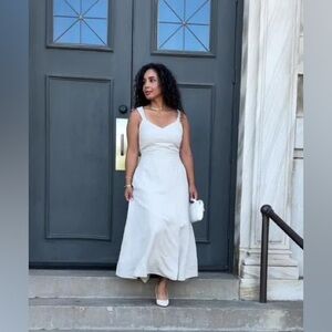 LOFT Linen Blend Seamed V-Neck Midi Dress